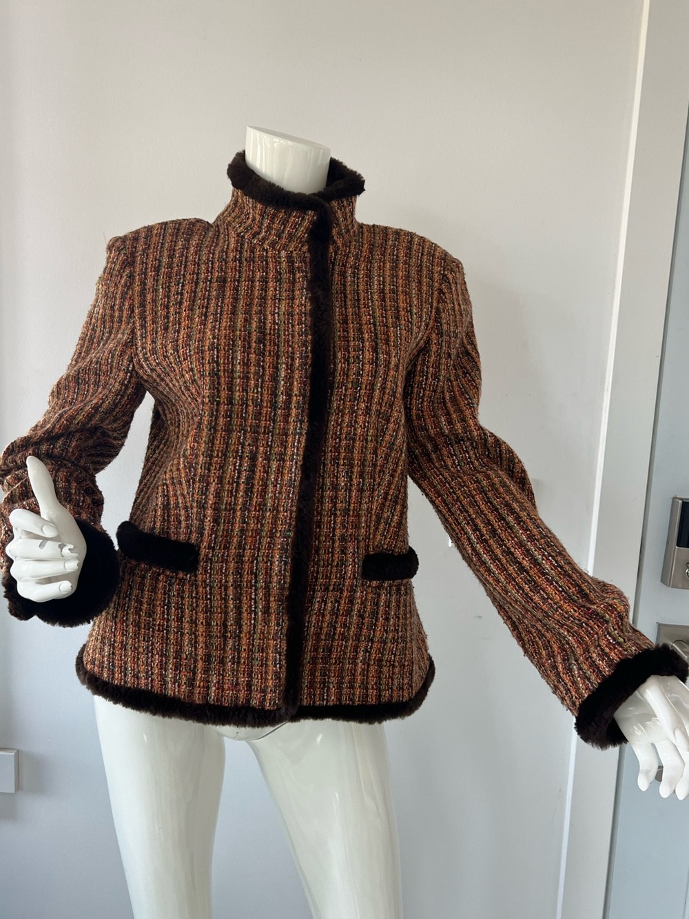 Tweed with fur Olsen Europe Blazer Jacket  vintage Made in Poland office core